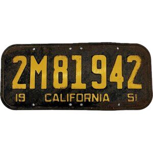 Vtg 1951 California Passenger Car License Plate Original 2M81942 Black Yellow